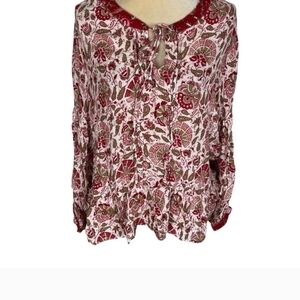 Lucky Brand Red and White Peplum Blouse with Tie Front